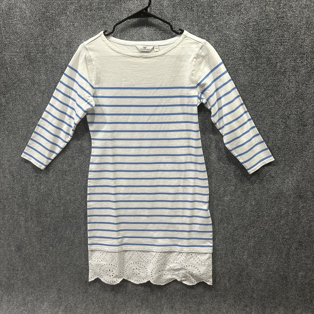 Vineyard Vines Lace Hem Mini Shift Dress 3/4 Sleeve White Blue Striped XXS